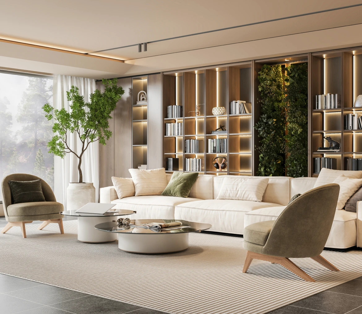 Cozy seating area with large windows