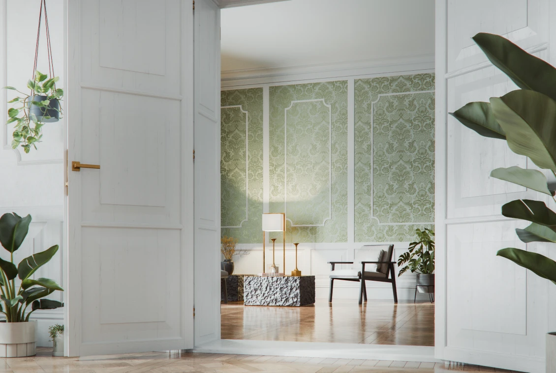 Stylish interior with green patterned walls